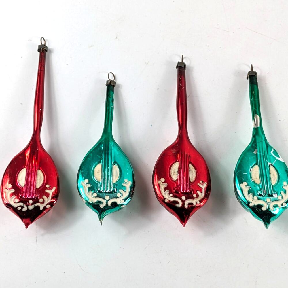 Antique Mercury Glass Molded Christmas Ornaments Lute Mandolin Music Instrument